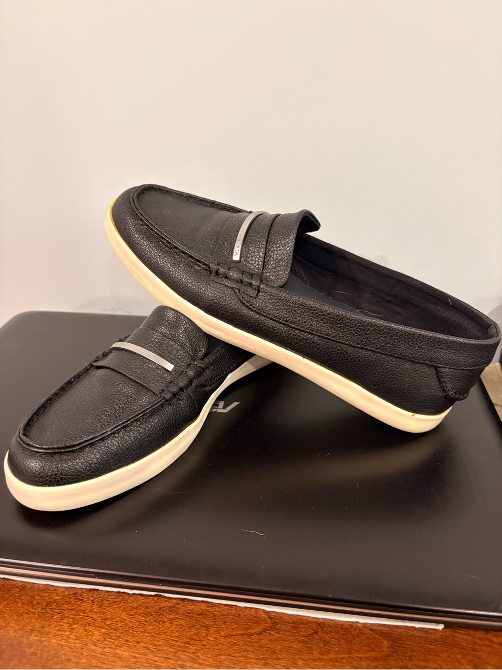 Nautica Black Faux Leather Slip-On Loafers with Cream Sole Women’s Size 6